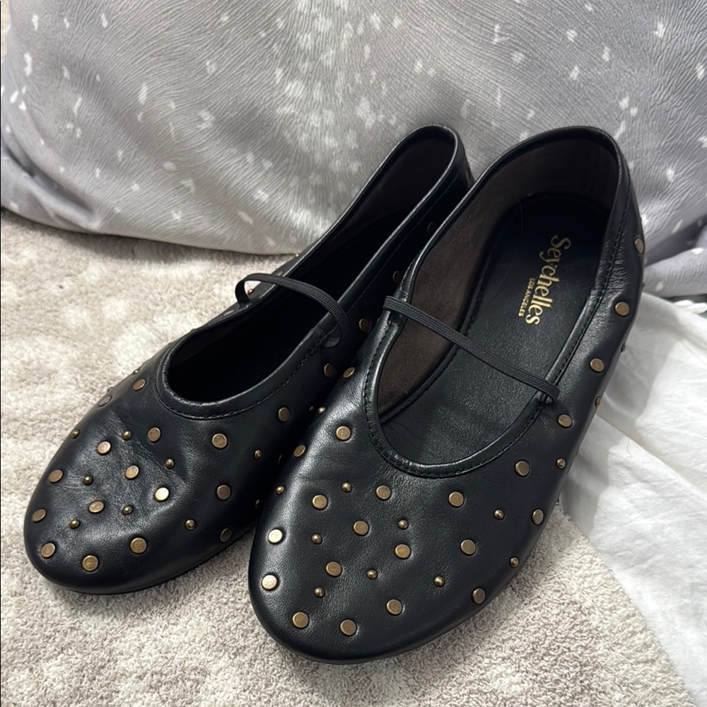 Seychelles Studded Black Ballet Flats - Leather with Brass Accents